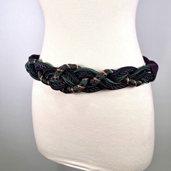 Vintage 80s Braided Rope Waist Belt Woven Purple Gold Metallic Cord Retro Boho - Picture 2 of 8